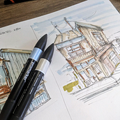 Attempt 1 - My interpretation of reference photo - Expressive Architectural Sketching with Colored Markers. Sketching, Drawing, Architectural Illustration, Sketchbook & Ink Illustration project by martinonotts - 04.06.2023