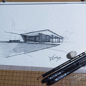 Meu projeto do curso: Desenho arquitetônico urbano com tinta: Pavilhão da Alemanha - Arquiteto: Ludwig Mies Van Der Rohe - Barcelona / Espanha. Ilustração tradicional, Esboçado, Desenho, Ilustração arquitetônica e Ilustração com tinta projeto de Débora Jackeline Tozze - 26.04.2023