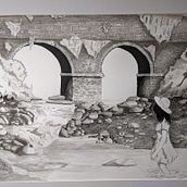 Girl Under the Bridge". approx 18"x22". Pen and ink with Watercolour. . Desen & Ilustrație cu cerneală de Mike O'Leary - 05.07.2023