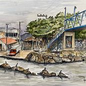 Ponte Pênsil - Barra da Lagoa - Florianópolis/SC. Painting, Sketching, Drawing, Watercolor Painting, Sketchbook, Ink Illustration, and Traditional illustration project by clovisthink - 05.13.2023