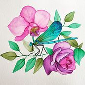 Flores y caballito del diablo. Traditional illustration, Drawing, Watercolor Painting, and Naturalistic Illustration project by noxwatercolor - 05.28.2023