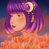 Moonlight and Tulips. Traditional illustration, Drawing, Digital Illustration, Portrait Drawing, Digital Drawing, and Digital Painting project by sleepykitsune - 06.02.2023