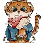 Florist Tiger. Ilustração tradicional, Design de personagens, Ilustração digital, Ilustração infantil, e Desenho digital projeto de Poly Irinkova - 03.06.2023