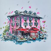 Mon projet du cours : Esquisses d'architecture expressives aux feutres de couleur. Un proyecto de Bocetado, Dibujo, Ilustración arquitectónica, Sketchbook e Ilustración con tinta de Sorion - 15.06.2023