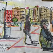 My final course project: Urban sketching with Ima Serrano. Traditional illustration, Sketching, Drawing, Watercolor Painting, Architectural Illustration, and Sketchbook project by stefan - 06.18.2023