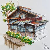Mijn project van de cursus: Urban Sketching: druk je wereld uit met een nieuw perspectief. Een project van Traditionele illustratie,  Schetsen,  Tekening, Aquarelschilderen,  Architecturale illustratie y Sketchbook van Ingrid Bracke - 04.07.2023