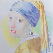 Jeune fille à la perle au crayon de couleur . Traditional illustration project by Charline Morillon - 06.29.2023