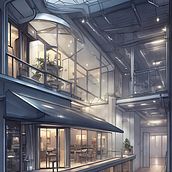 Galleries, corridors, kitchens, balconies & bars (AI Prompting). Collage, Communication, Concept Art, Creativit, Art Direction, Design, 3D Design, Digital Design, Graphic Design, Traditional illustration, Pattern Design, and Pixel Art project by leantamplan - 07.08.2023