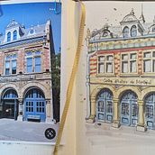 Mon projet du cours : Esquisses d'architecture expressives aux feutres de couleur. Sketching, Drawing, Architectural Illustration, Sketchbook & Ink Illustration project by Isabelle Charron - 07.15.2023