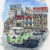 Kings Cross, Sydney 1960s. Traditional illustration, and Watercolor Painting project by Ian Macfarlane - 08.30.2023
