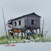 Houses of Inn Lay Lake, Myanmar ( watercolor with pen ). Sketching, Drawing, Sketchbook, Ink Illustration, and Watercolor Painting project by Nay Aung - 09.14.2023