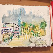Mon projet du cours : Urban sketching : créez des paysages urbains expressifs. Painting, Sketching, Drawing, Watercolor Painting, Sketchbook & Ink Illustration project by Vanessa Mekhalfi - 10.15.2023