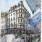 My project for course: Architectural Sketching with Watercolor and Ink. Un proyecto de Bocetado, Dibujo, Pintura a la acuarela, Ilustración arquitectónica, Sketchbook e Ilustración con tinta de Ian Dr - 06.01.2024