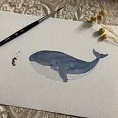 Rencontre entre un hippocampe géant et une petite baleine. Watercolor Painting, and Children's Illustration project by Karine Beucler - 10.29.2023