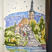 Lake Bled church in marker. Traditional illustration project by Aaron Goeglein - 01.28.2024