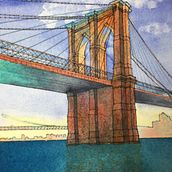 Brooklyn Bridge -- Line and watercolor. Sketching project by Larry Jenks - 02.12.2024