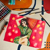 chica kimono verde. Traditional illustration, Watercolor Painting, Photographic Composition, and Painting project by Ivette C Valdivia Gomez - 10.20.2023