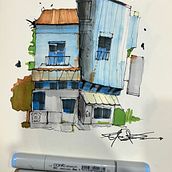 My project for course: Expressive Architectural Sketching with Colored Markers. Sketching, Drawing, Architectural Illustration, Sketchbook & Ink Illustration project by Marc-Adems Dor - 02.19.2024