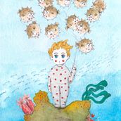 Niño y peces globo. Traditional illustration, Drawing, Children's Illustration, and Watercolor Painting project by Evessar Ilustración - 10.28.2021