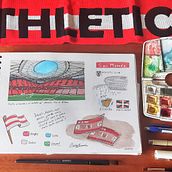 Cuaderno de viaje en acuarela - Visita al estadio de San Mamés. Traditional illustration, Watercolor Painting, Architectural Illustration, and Sketchbook project by adrianero - 03.17.2024