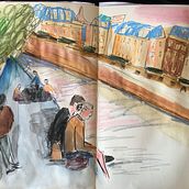 Mon projet du cours : Esquisse urbaine : dessinez une ville en mouvement. Traditional illustration, Sketching, Drawing, Watercolor Painting, Architectural Illustration, and Sketchbook project by sarondelph - 05.17.2024