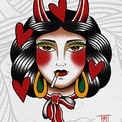mujer diablo tradicional. Een project van Digitale illustratie, Traditionele illustratie y  Tatoeageontwerp van Moki - 12.06.2024