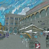 My project for course: Sketchbook: Draw Graphic Chronicles  - Vicenza old town market square. Un progetto di Bozzetti, Disegno, Sketchbook, Illustrazione con inchiostro, Pittura e Pittura ad acquerello di tizdigiu - 22.07.2024