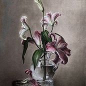 Still life "Lilies" oil paints, canvas on stretcher. Un proyecto de Dirección de arte, Pintura, Dibujo, Dibujo artístico, Pintura al óleo, Diseño y Diseño de interiores de Margarita  Zipman - 13.09.2024