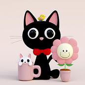 Gatos, Pássaro e Flor. 3D, 3D Modeling, and 3D Character Design project by Andreia Duarte Bilenkij - 11.06.2024