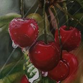 Cerezas 🍒  . % Deswer (DWR) tarafından hazırlanan Geleneksel illüstrasyon, Tablo, Gerçekçi Çizim, Akrilik Boyama, Ve Botanik İllüstrasyon projesi - 02.19.2024
