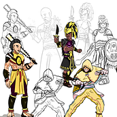 Mi line up final (Prehispánic Heroes). Animation, Character Design, Traditional illustration, Video Games, and Game Design project by jorgedhl27 - 12.10.2024