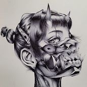 テクノロジー面具 ("tekunorojī mengu"). Desenho, Desenho artístico, Desenho de retrato, Desenho realista e Ilustração tradicional projeto de Heiter Saldaño - 17.12.2024