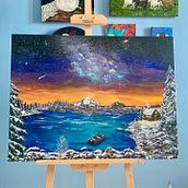 Winter starry night. Un proyecto de Bellas Artes, Ilustración tradicional y Pintura de Amal Henni - 07.01.2025