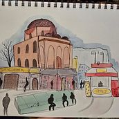 Final project - Monastiraki Square, Athens. Un progetto di Illustrazione architettonica, Disegno, Illustrazione tradizionale, Sketchbook, Bozzetti e Pittura ad acquerello di Simona Campidano - 13.01.2025