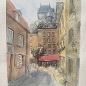 View of Chateau Frontenac from Basse Ville, Quebec City. Drawing, Watercolor Painting, Architectural Illustration, Sketchbook, Ink Illustration, and Sketching project by smcasto - 01.20.2025