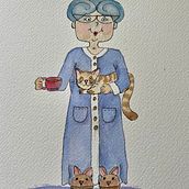 My cat loving Grannie character for my final project Expressive Character design. Un proyecto de Dibujo artístico, Diseño de personajes, Ilustración infantil, Dibujo, Ilustración tradicional, Narrativa, Pintura, Bocetado, Stor, telling y Pintura a la acuarela de Christine Sniadach - 20.01.2025