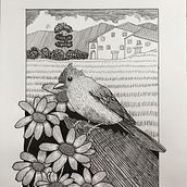 Cottage and bird. Artistic Drawing, Drawing, Naturalistic Illustration, Sketchbook, and Sketching project by MARIA TARRAGO MARTI - 01.21.2025