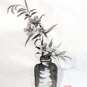 Sumi-e painting of Australian tea tree flowers in a vase. Un progetto di Disegno, Illustrazione tradizionale, Illustrazione con inchiostro, Belle arti e Pittura di Adele Vincent - 23.01.2025