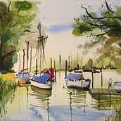 Painting a water dock for boats. Un progetto di Illustrazione naturalistica, Pittura e Pittura ad acquerello di Upasana Saigal - 27.01.2025