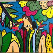 Tukan o zmierzchu. Een project van  Acr, lschilderij, Schilderij y Patroonontwerp van Agnieszka Piotrowska-Siwińska - 06.02.2025