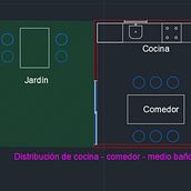 Distribución de cocina - comedor - medio baño -Jardin. Un proyecto de Arquitectura, Arquitectura interior, Diseño de interiores, Ilustración arquitectónica, Paisajismo y Visualización arquitectónica de JOSE MANUEL VALENCIA NAVARRO - 18.03.2025