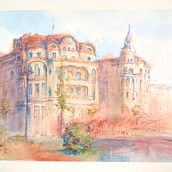Black Eagle Palace/ o Palatul Vulturul Negru- Watercolor. Drawing, Watercolor Painting, Architectural Illustration, Sketchbook, Ink Illustration, and Sketching project by Mercedes R - 03.23.2025