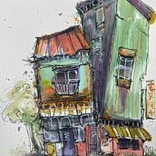 Urban Sketch. Followed instructor for loose pen strokes. Used watercolor instead of markers. Architectural Illustration, Drawing, Ink Illustration, Sketchbook, and Sketching project by mbruchet - 04.01.2025