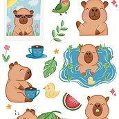 Capybara kawaii sticker sheet. Un projet de Manga, Conception de personnages et Illustration traditionnelle de victoriaaraque - 16.04.2025