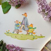 Fox family looking for spring flowers. Watercolor Painting, Traditional illustration, and Children's Illustration project by Róza Bubán - 04.22.2025