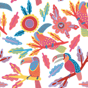 Estampa Tucanos Tropicais. Un proyecto de Diseño de vestuario, Ilustración digital, Diseño de moda, Ilustración tradicional y Pattern Design de Felipe Silva Marques - 24.04.2025