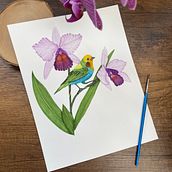 Tángara multicolor en una rama de Cattleya . Drawing, Fine Arts, Naturalistic Illustration, Pencil Drawing, Realistic Drawing, and Watercolor Painting project by sguinandramirez - 04.24.2025