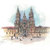 Santiago de Compostela Cathedral. Drawing, Watercolor Painting, Architectural Illustration, Sketchbook, Ink Illustration, and Sketching project by georgemarinescu2002 - 04.26.2025