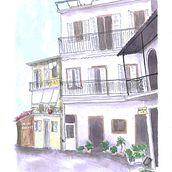 Architectural sketch with watercolor and ink, in Parga, Greece. Drawing, Watercolor Painting, Architectural Illustration, Sketchbook, Ink Illustration, and Sketching project by Sofia P. - 05.23.2025
