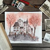 Mittelalterliche Stadt. Traditional illustration, Drawing, and Watercolor Painting project by Anke Weber - 06.02.2025